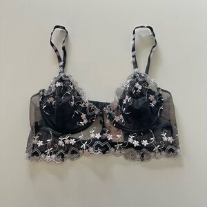 New For Love And Lemons Amour Black Longline Bra Sheer Floral M Lace